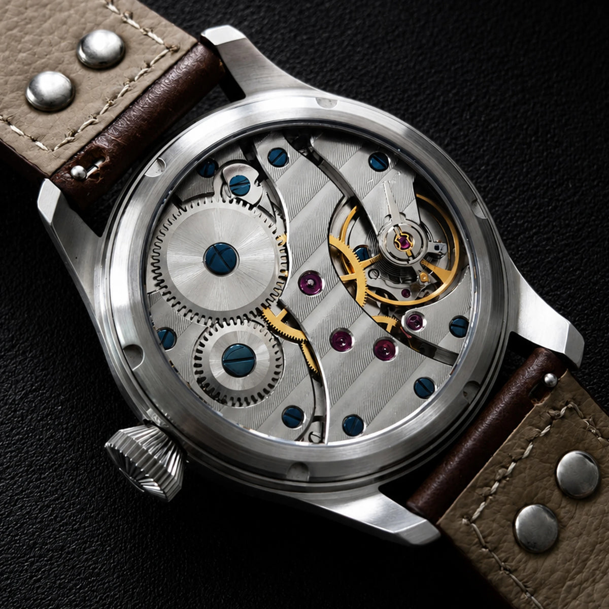 HRUODLAND HG016 hand-wound Seagull ST3620 movement seen through the open caseback