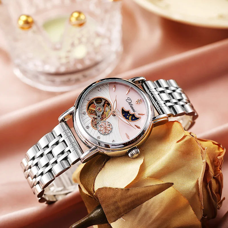 Enchanting Moon Phase Automatic Watch — Open Case Back, Stainless Steel, Ladies Mechanical Watch [Metal & Leather Strap Options]