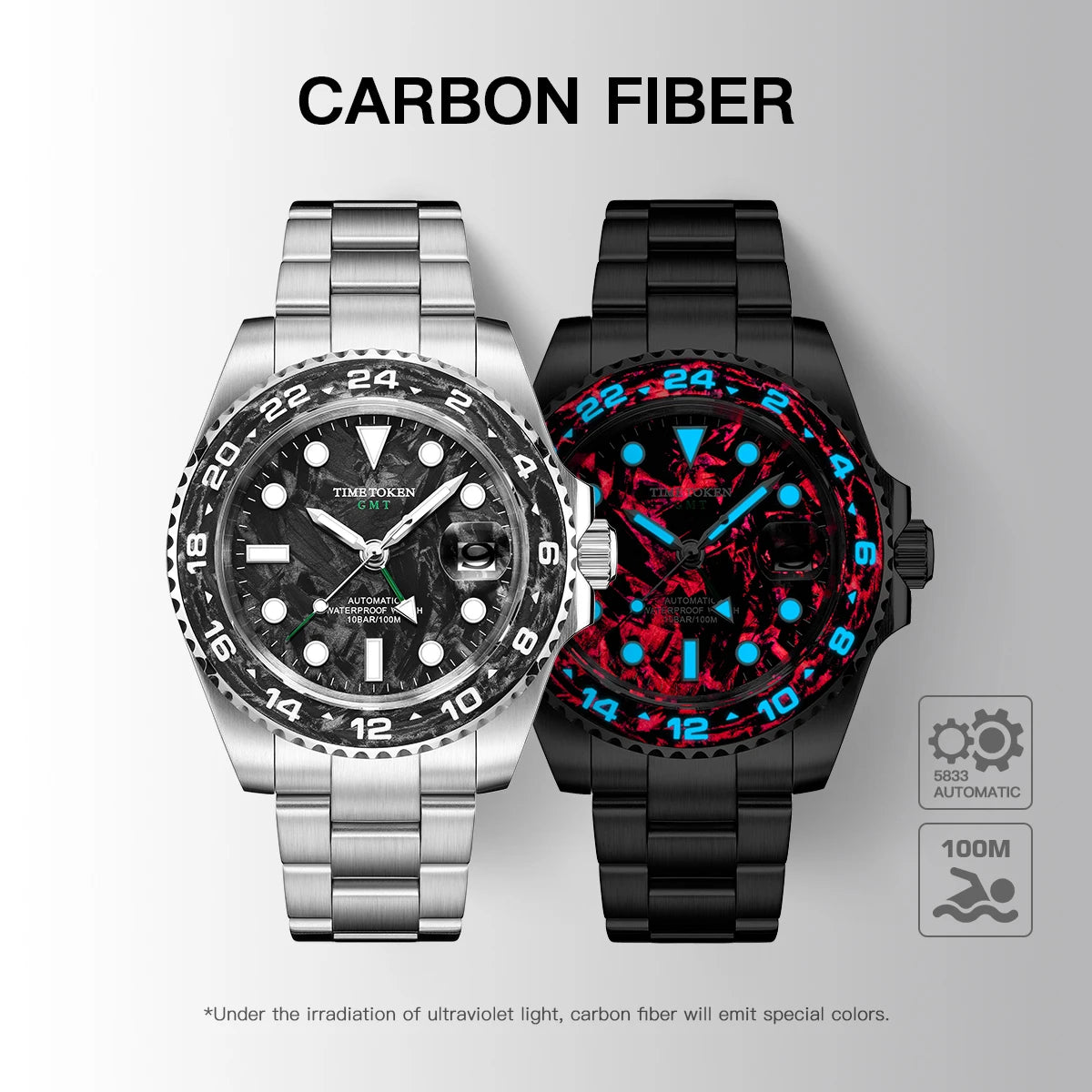 Time Token — Genuine GMT Automatic, Carbon Fibre Dial & Bezel, 100M Water Resistant
