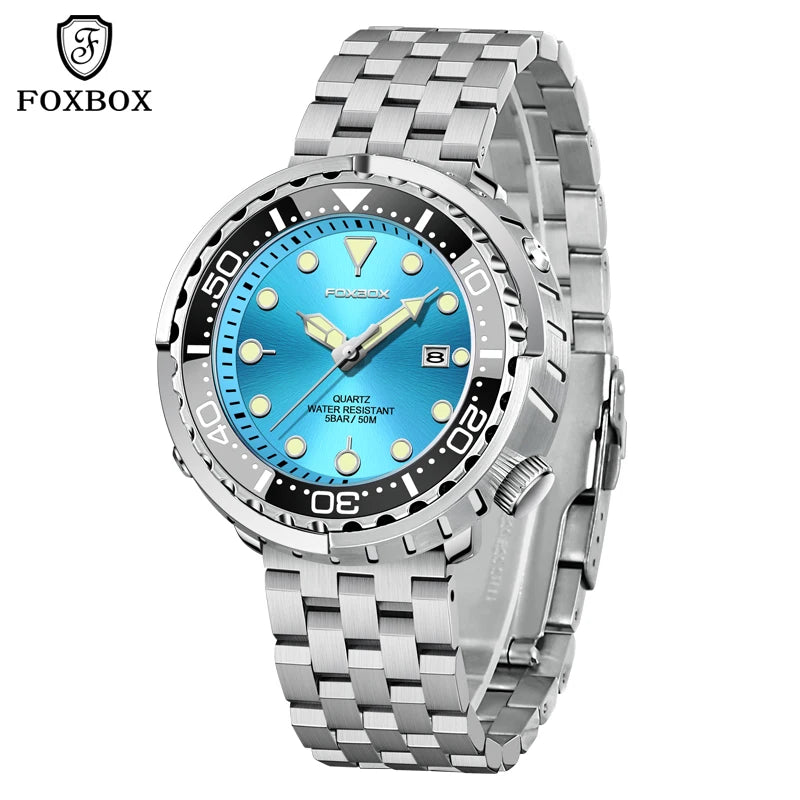 FOXBOX Shrouded Dive Watch — 50m Water Resistant, Auto Date, Luminous [Silicone & Metal Strap / Colour Options]