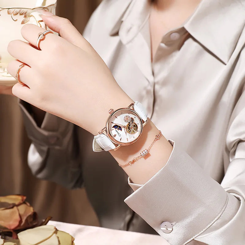 Enchanting Moon Phase Automatic Watch — Open Case Back, Stainless Steel, Ladies Mechanical Watch [Metal & Leather Strap Options]