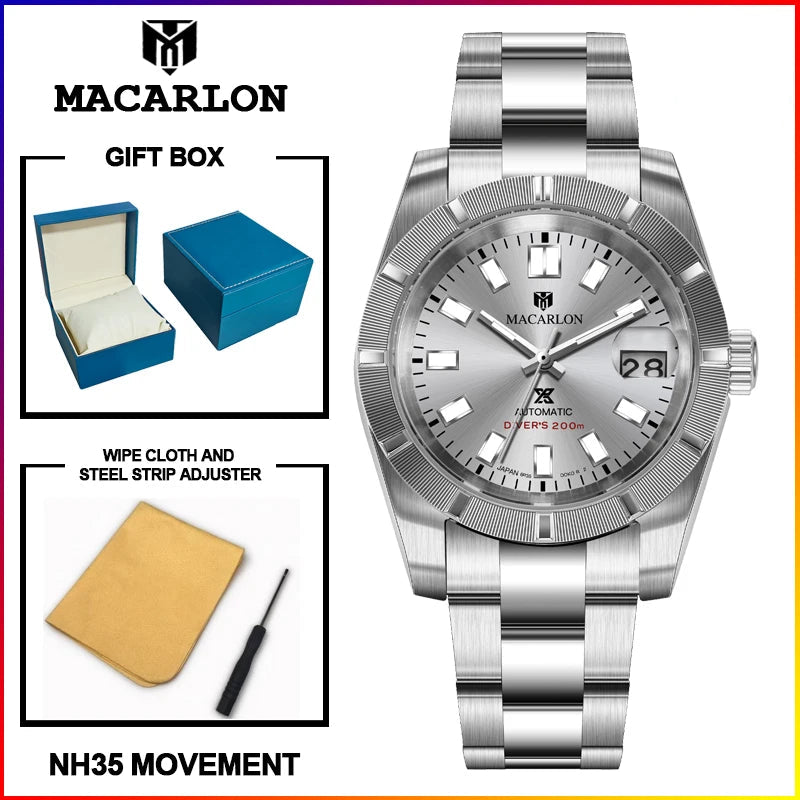 MACARLON 38mm Automatic Watch, Sapphire Crystal, Steel Bracelet, 200m Water Resistant