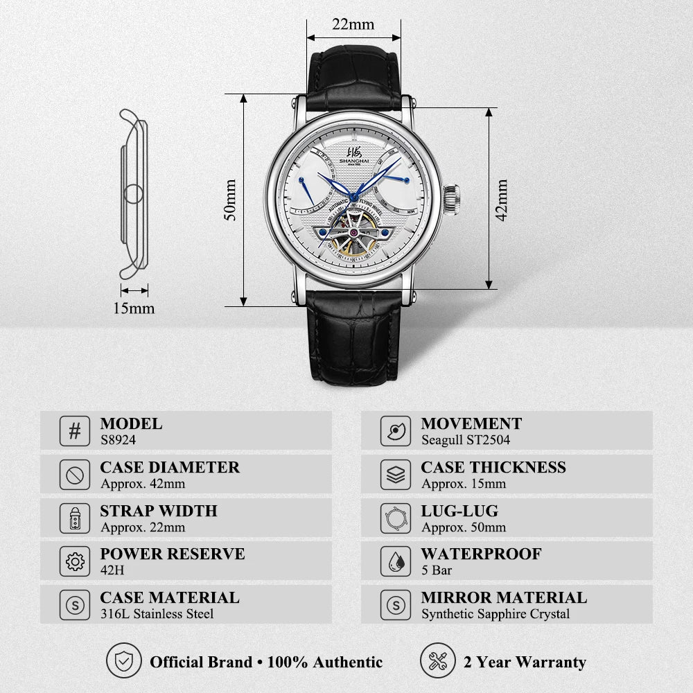 Shanghai S8924 — Guilloché Open-Heart Automatic Watch, Date & Week Display, Seagull ST2504 Movement, Sapphire Crystal, 50M Water Resistant