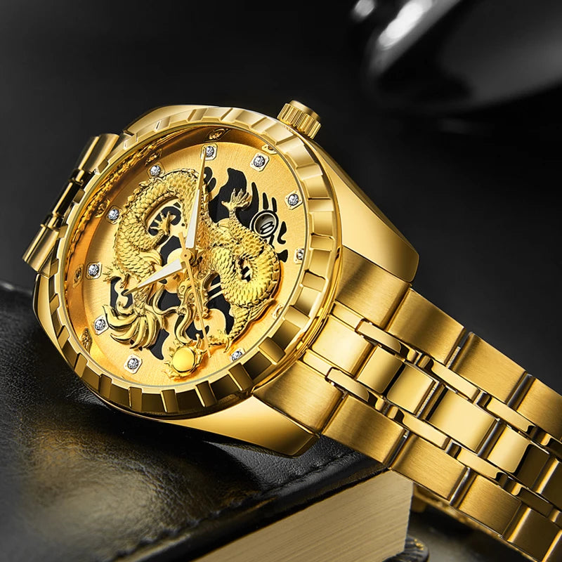 WLISTH 3D Golden Dragon Quartz Watch – Bold Dragon Dial, Stainless Steel Case, Water-Resistant & Luminous – Impossible to Miss