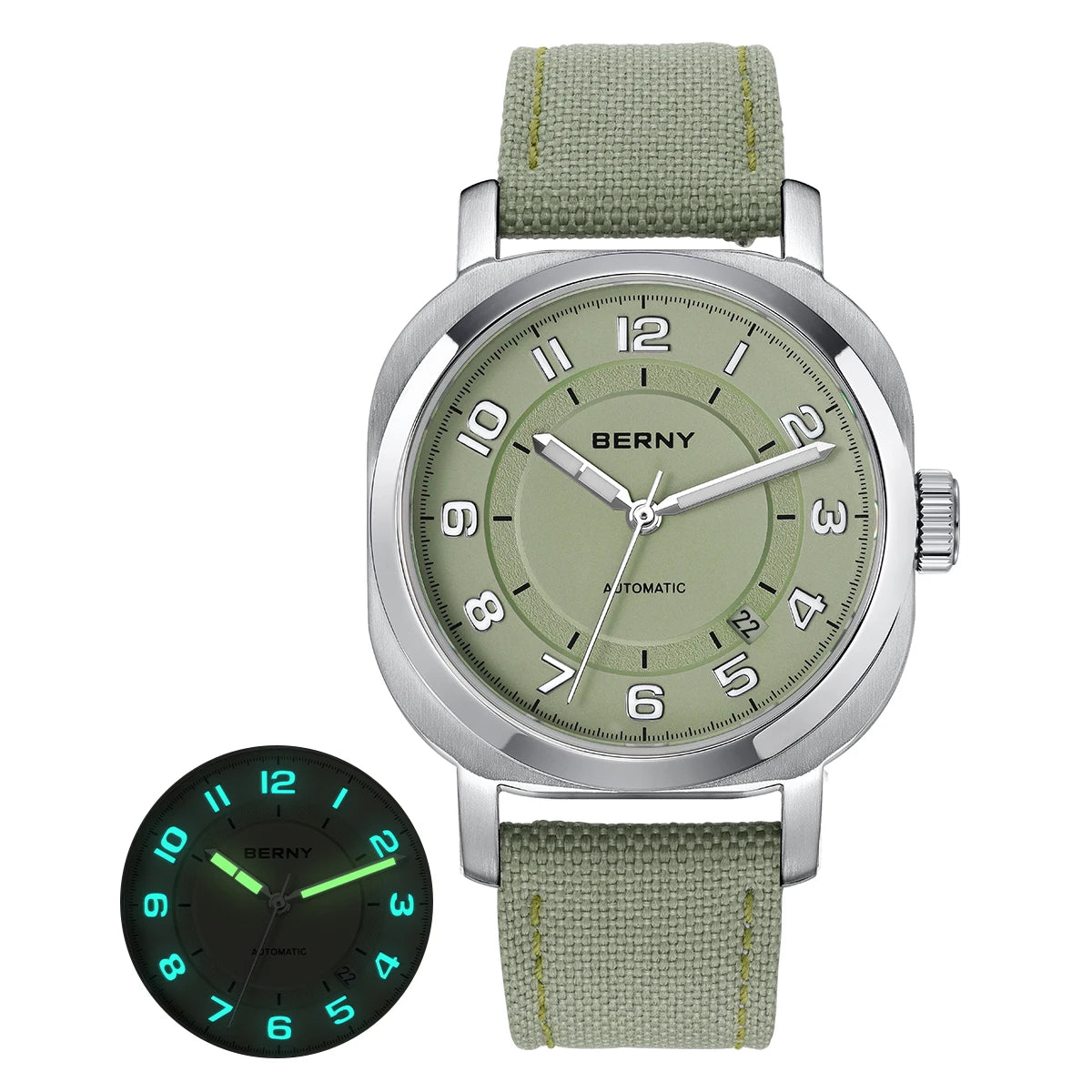 Head Turning BERNY Automatic — Women's Pillow Cushion Watch, Automatic Movement, Sapphire, Canvas Strap