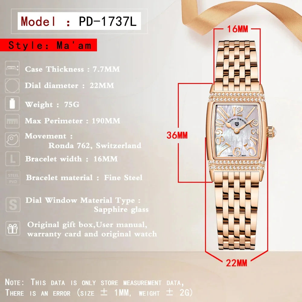 Stunning Pagani Design PD-1737L — Women's Rectangle Watch, Stone-Set Case, Swiss Ronda Movement [Rose Gold / Silver Colour Options]