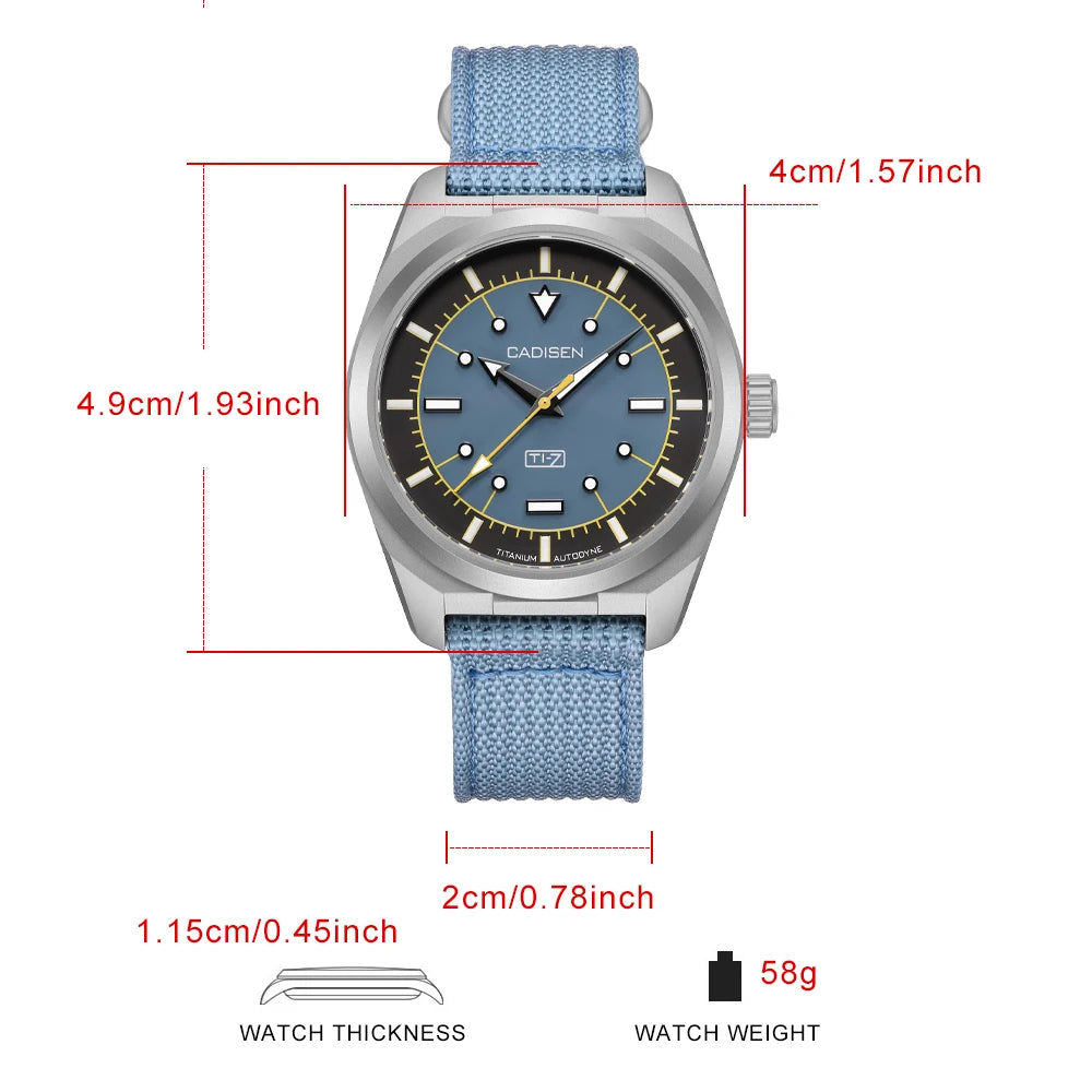 CADISEN TI-7 Autodyne Canvas Strap  — Genuine Titanium Automatic Watch, Sapphire Crystal, Miyota 8215