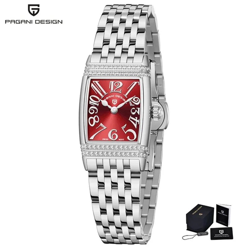 Stunning Pagani Design PD-1737L — Women's Rectangle Watch, Stone-Set Case, Swiss Ronda Movement [Rose Gold / Silver Colour Options]