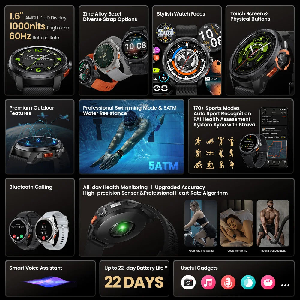 Solar Ultra GPS Smartwatch - 1.6" AMOLED Display, 22-Day Battery, 170 Sport Modes [Multiple Colour Options]