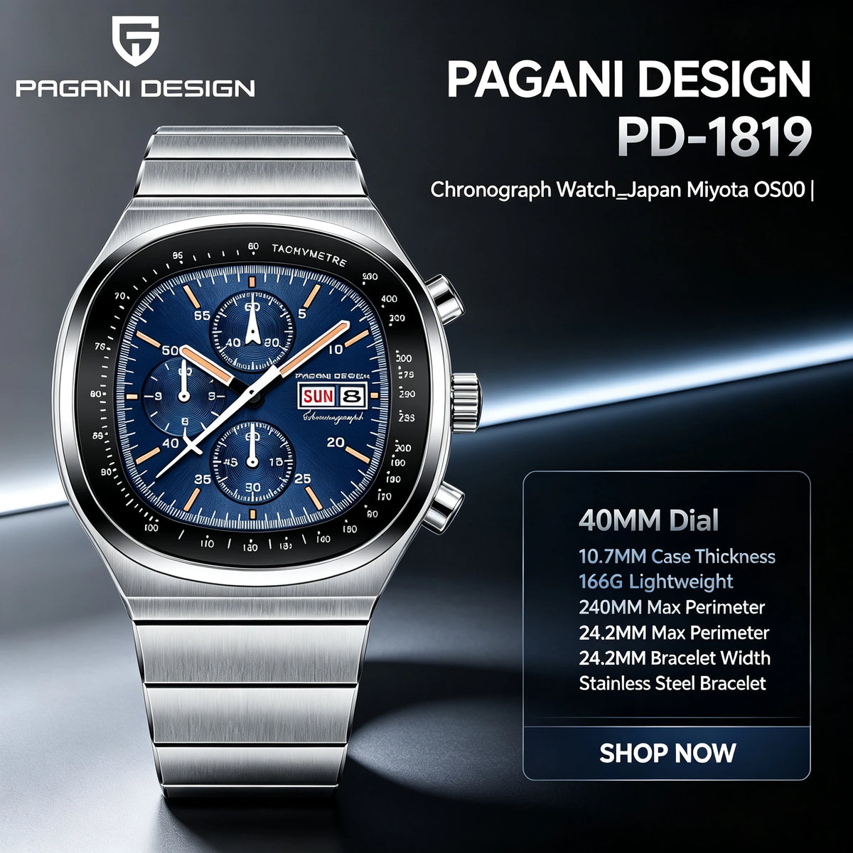 PAGANI DESIGN PD1819 blue-dial chronograph with 40mm dial size graphic