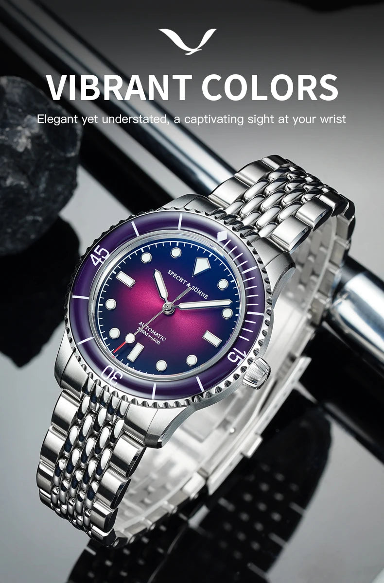 Specht & Söhne SP0033 diver, purple dial with blue bezel, steel bracelet