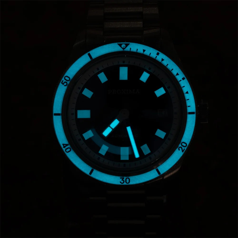 Proxima Mens Automatic Watch — Aventurine Dial, Full-Lume Sapphire Bezel — Quiet Luxury