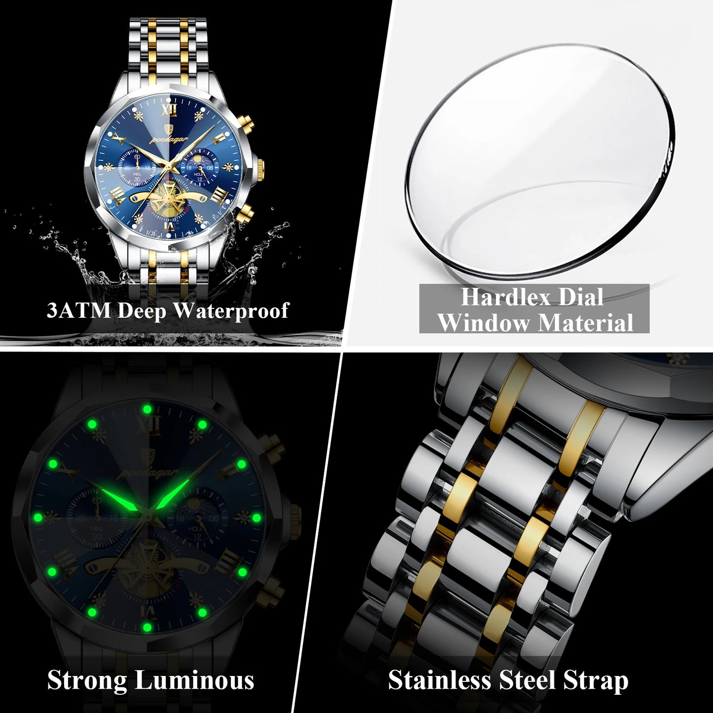 Mega Value But Stunning Chronograph — POEDAGAR Quartz, Spinning Rotor Seconds Hand, Stainless Steel [Multiple Colour Options]