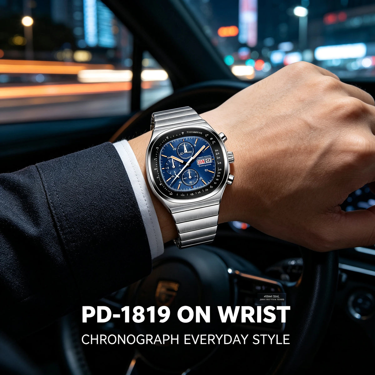 PAGANI DESIGN PD1819 blue-dial chronograph worn on a wrist, driving scene