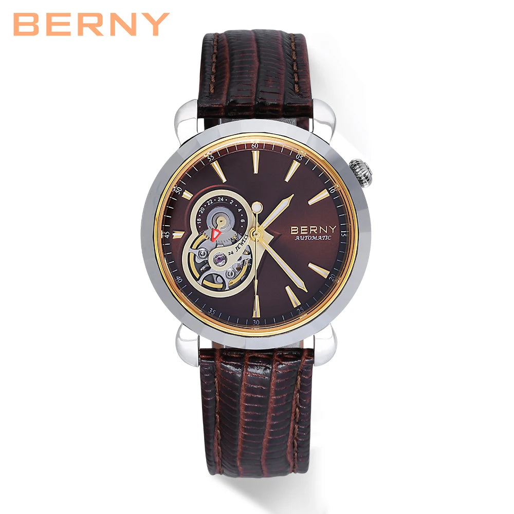 Beautiful BERNY AM107L — Women's Open Heart Automatic Watch, 24 Jewels, Genuine Leather Strap, Sapphire