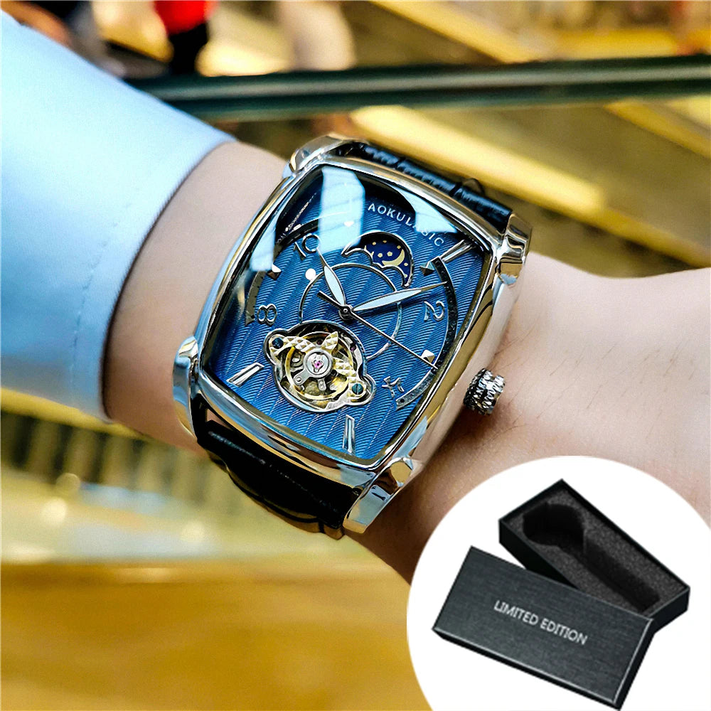 Mens Tonneau Automatic Fashion Watch – Rectangular Case, Open Heart Moonphase-Style Dial, Leather Strap – Break the Mould