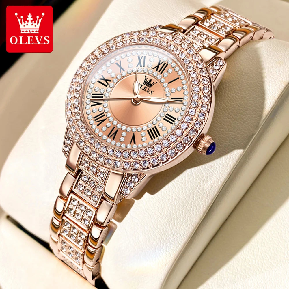 Striking OLEVS Roman Dial Watch — Sparkling Crystal Accents, Luminous Hands, Ladies Quartz Watch
