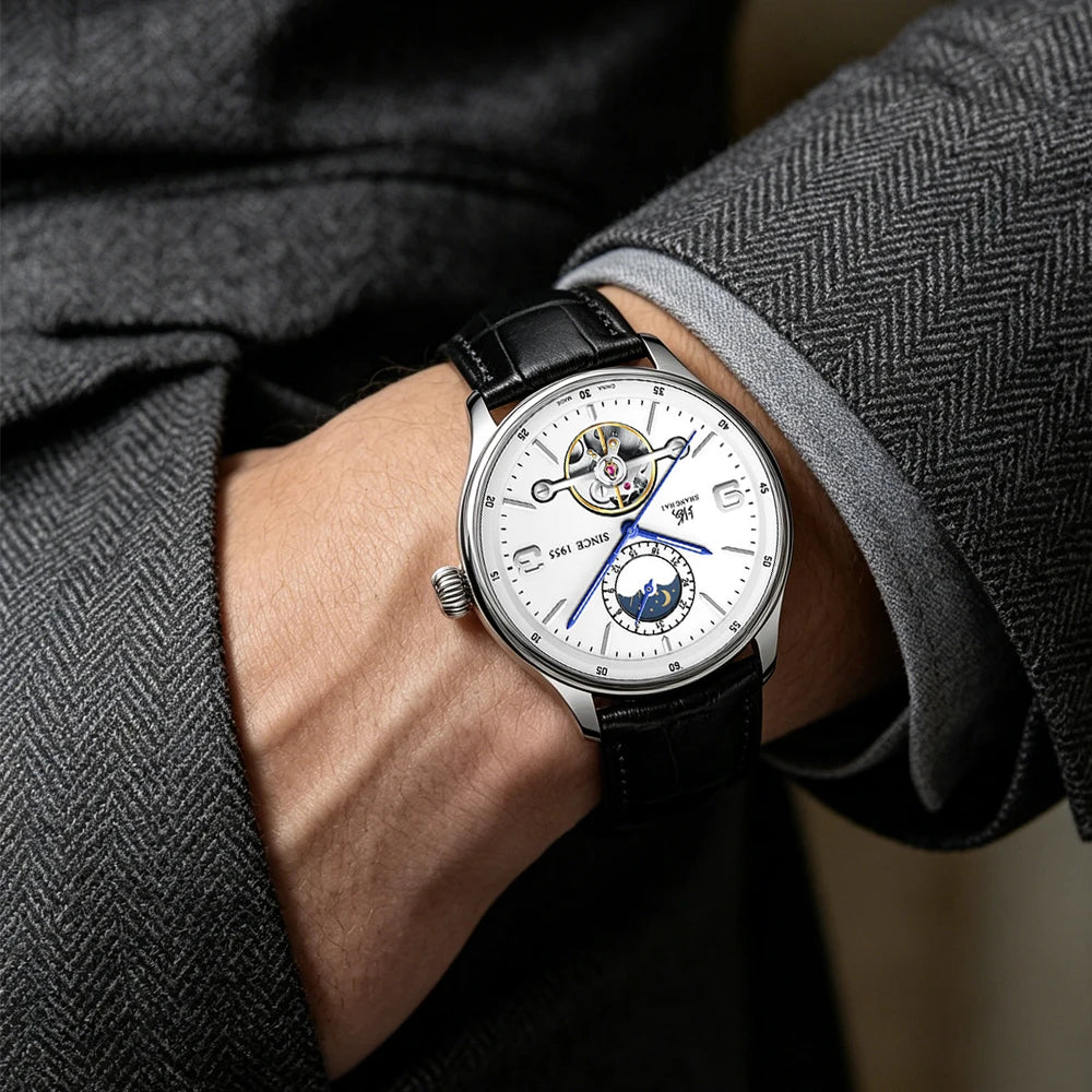 Shanghai S8950 — Starry Sky Open-Heart Automatic Watch, Day-Night Window, Seagull ST2571 Movement, Sapphire Crystal, 50M [Dial Options]