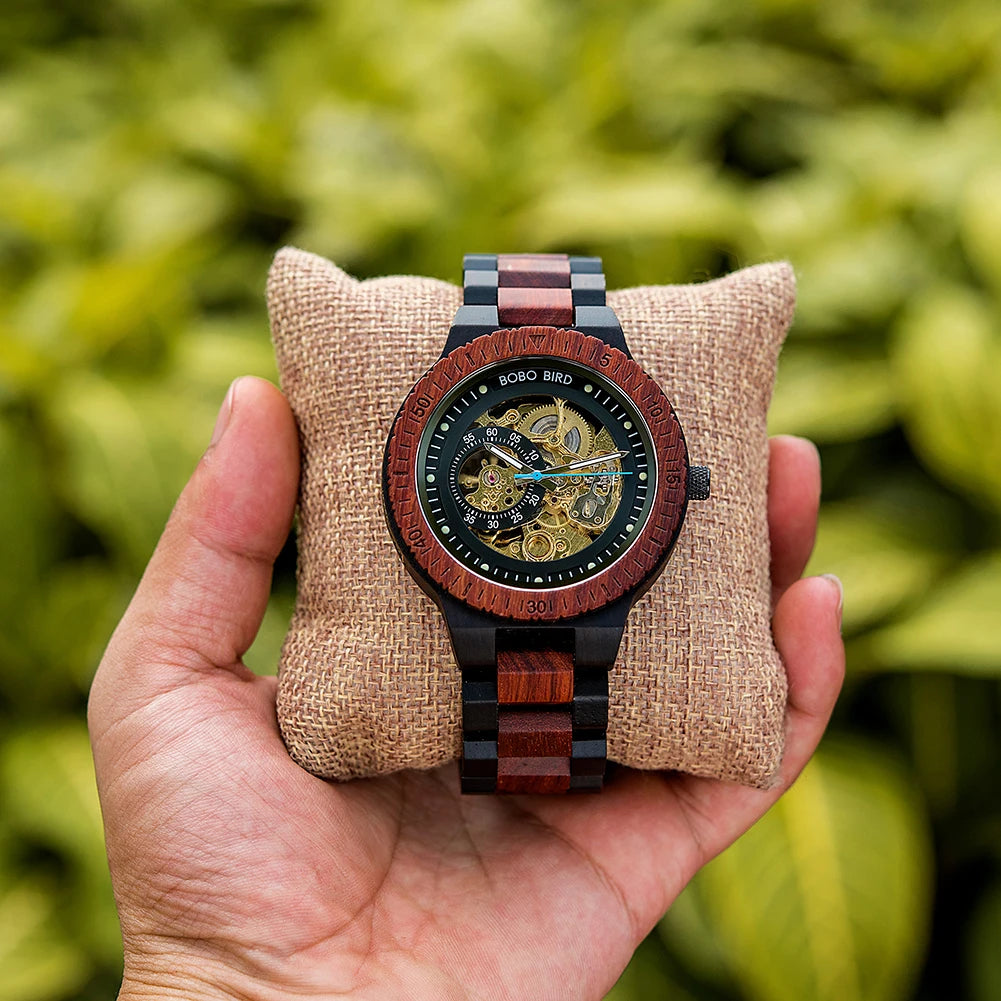 BOBO BIRD Wooden Skeleton Watch – Automatic Mechanical Men's Watch, Genuine Wood Case & Strap, Gift Box Included – The Natural Choice