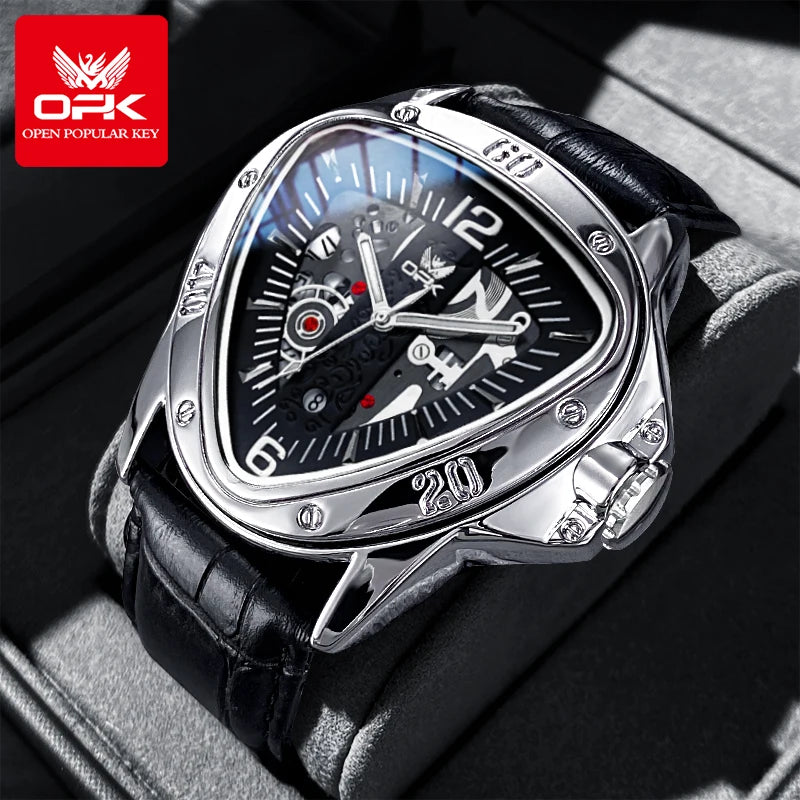 OPK Mens — Alien Style Triangle Case Watch, Bold Large Dial, Complete Calendar [Colour Options]