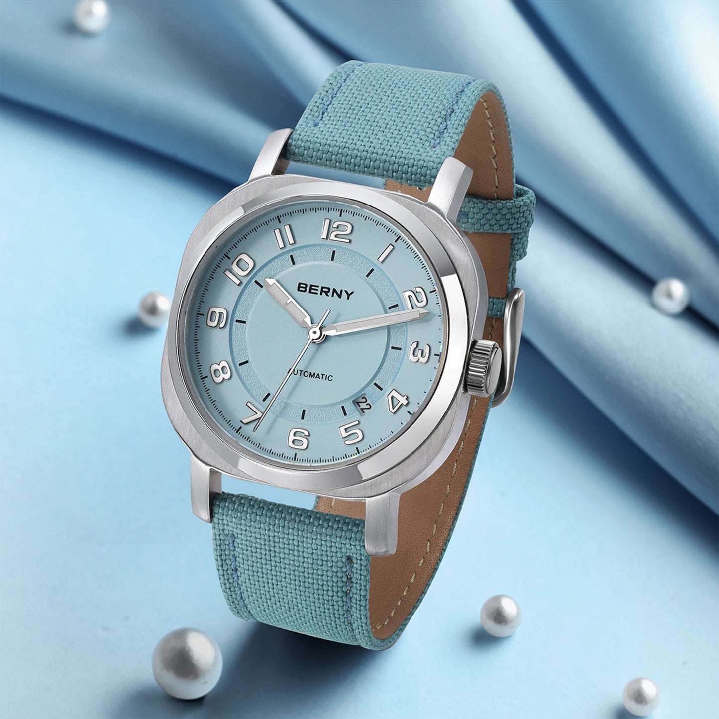 Head Turning BERNY Automatic — Women's Pillow Cushion Watch, Automatic Movement, Sapphire, Canvas Strap