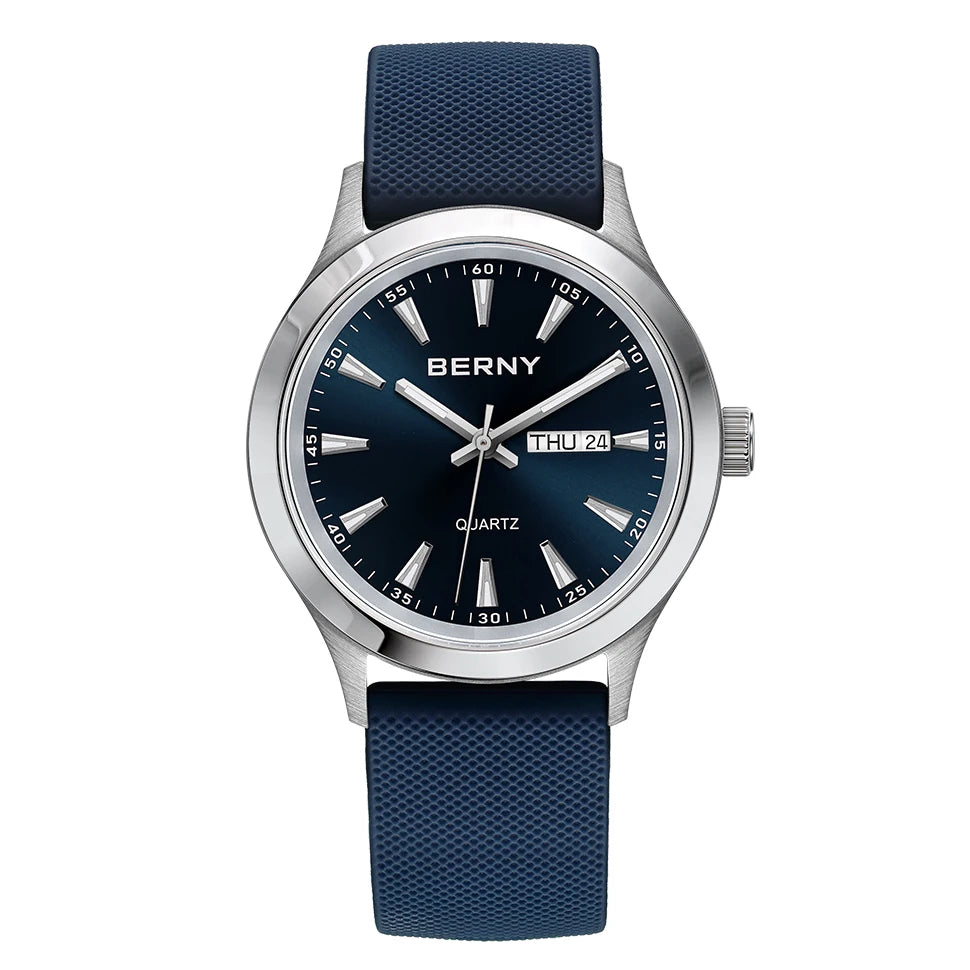Beautiful  BERNY Everyday Watch — Complete Calendar, Genuine Japanese Movement, Silicone Strap
