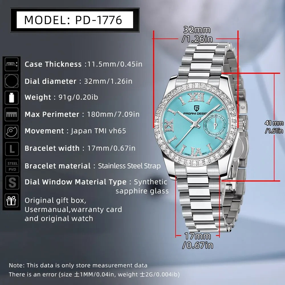 Stunning Pagani Design PD-1776 — Women's Quartz Watch, Crystal-Accented Bezel, Sapphire, 100M [Dial Colour Options]