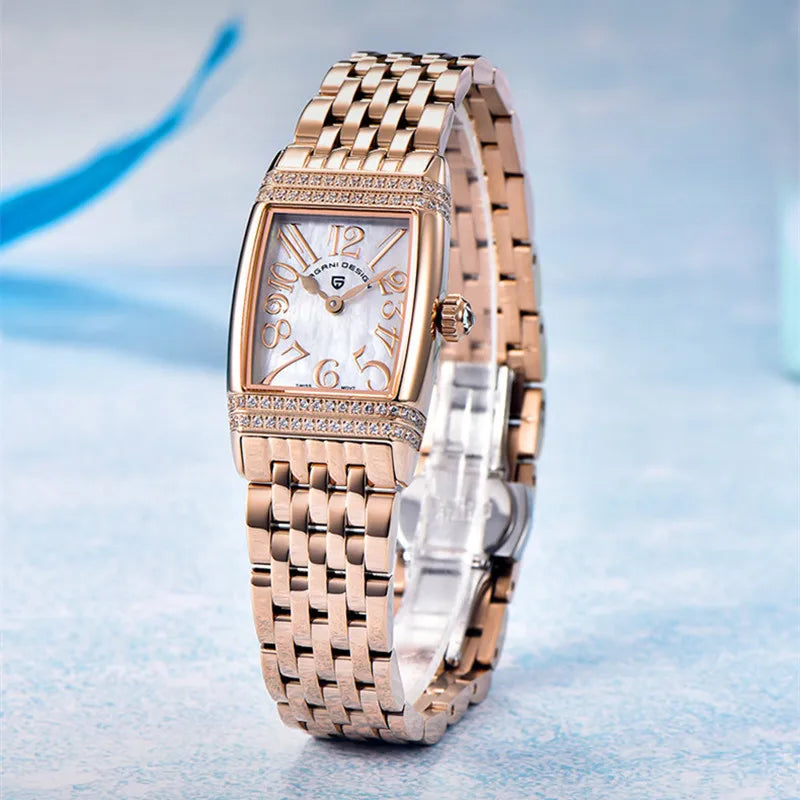 Stunning Pagani Design PD-1737L — Women's Rectangle Watch, Stone-Set Case, Swiss Ronda Movement [Rose Gold / Silver Colour Options]