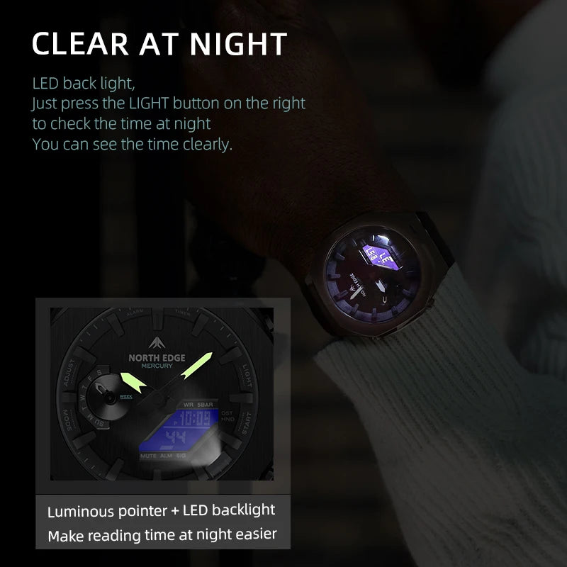 NORTH EDGE MERCURY Analog-Digital Sports Watch: World Time, Stopwatch, 5 Alarms, LED Backlight, 50m [Colour Options]