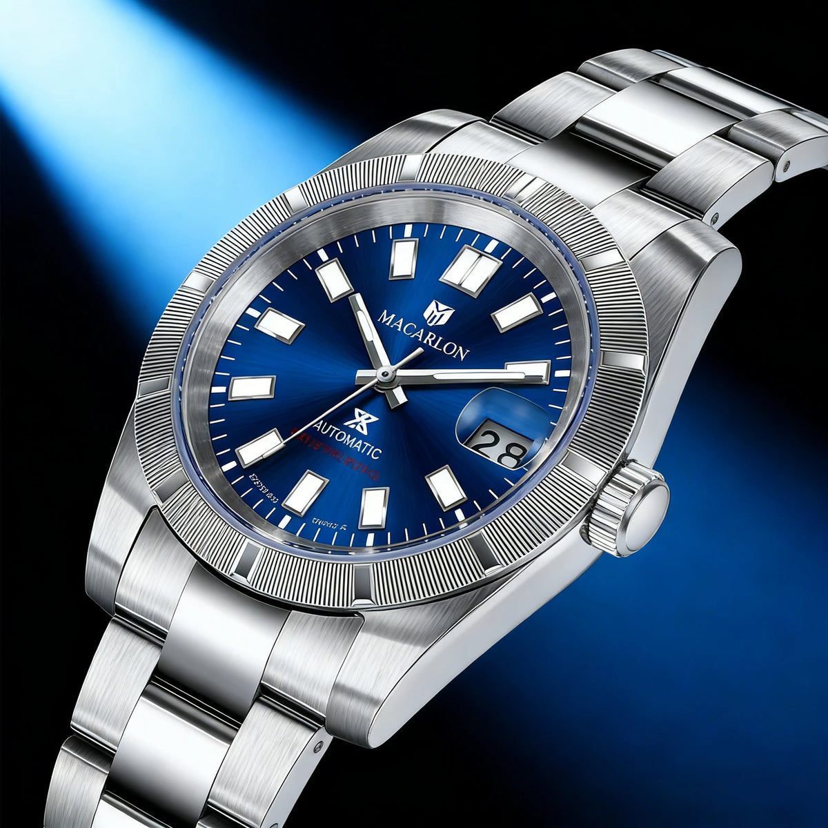 MACARLON 38mm Automatic Watch, Sapphire Crystal, Steel Bracelet, 200m Water Resistant