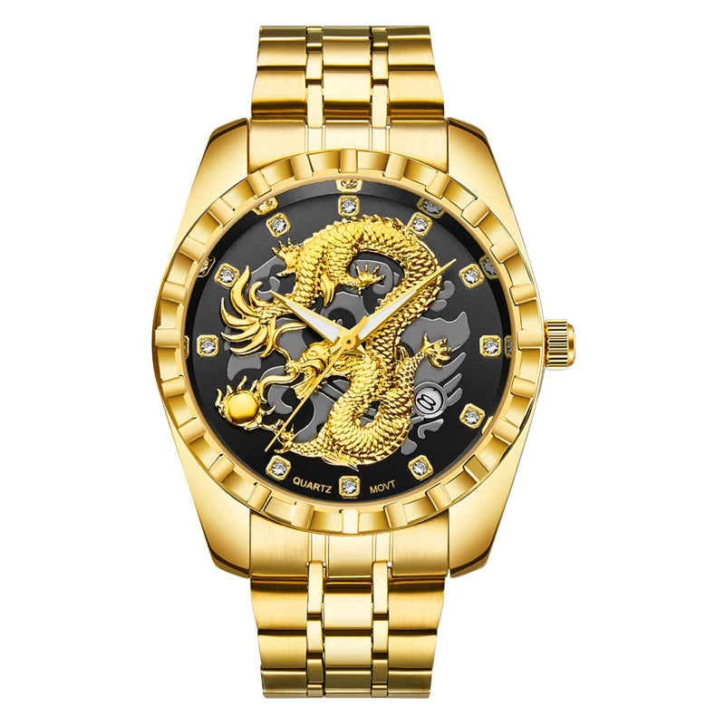 WLISTH 3D Golden Dragon Quartz Watch – Bold Dragon Dial, Stainless Steel Case, Water-Resistant & Luminous – Impossible to Miss