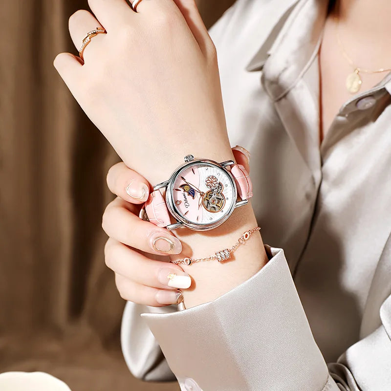 Enchanting Moon Phase Automatic Watch — Open Case Back, Stainless Steel, Ladies Mechanical Watch [Metal & Leather Strap Options]