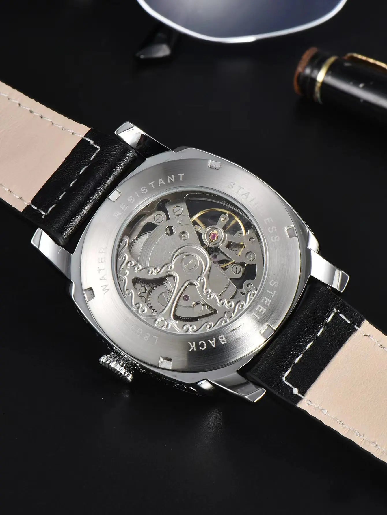 Skeleton Engraved Watch — Automatic Movement, Exhibition Case Back, Leather Strap  [Colour & Case Options]