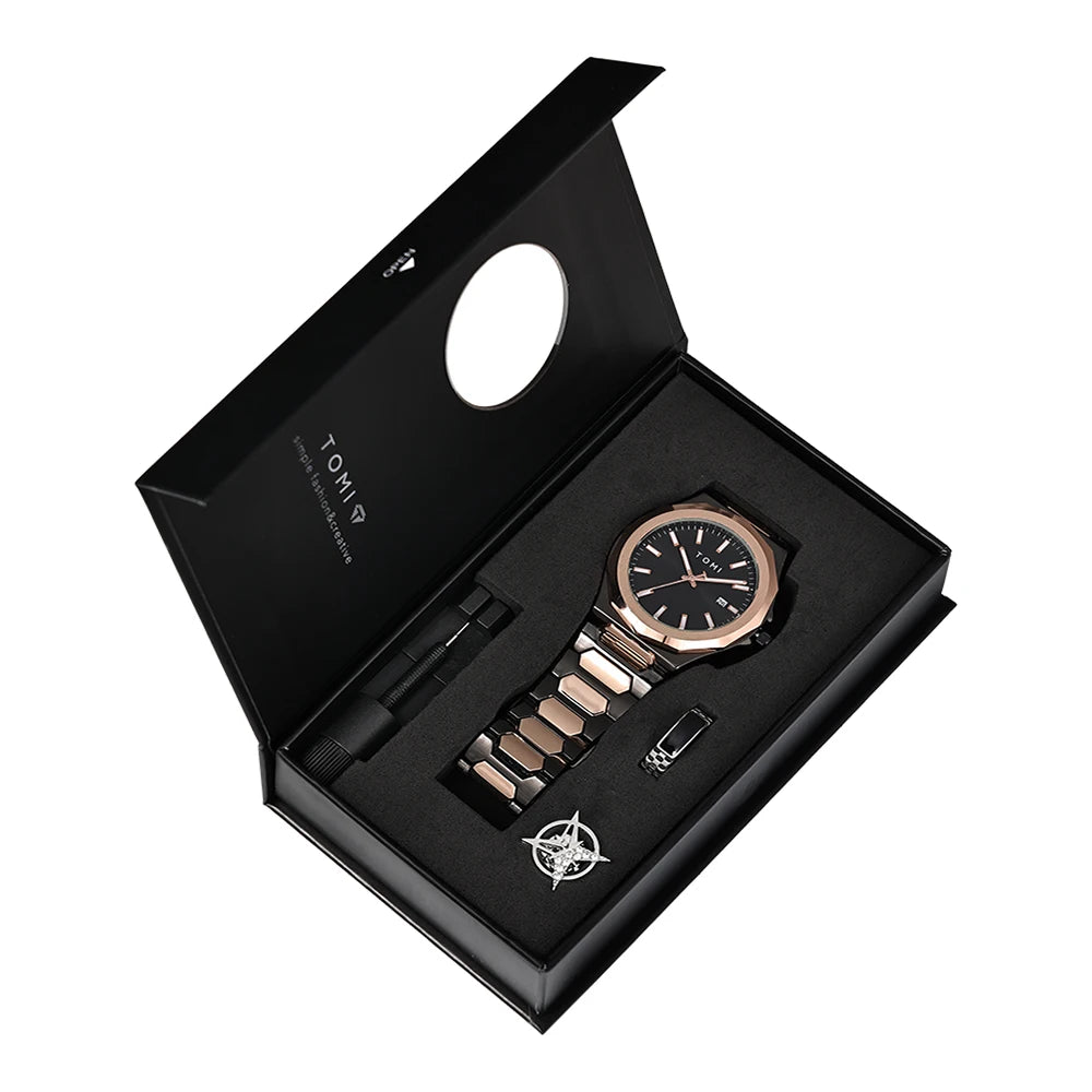 Bold Octagonal Style, Complete Gift Set — TOMI Quartz Watch Set [Multiple Colour Choices]