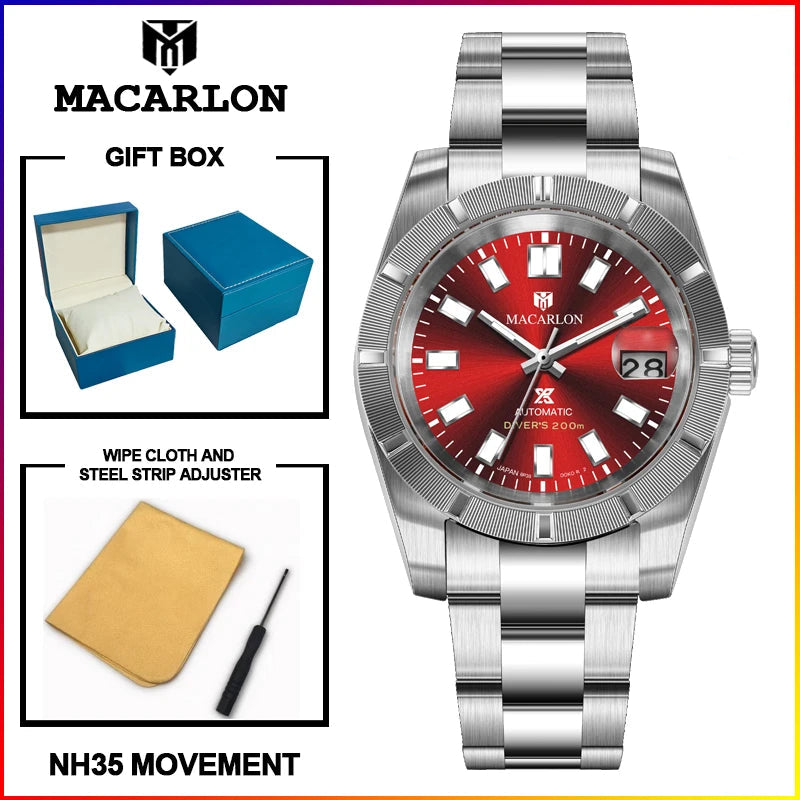 MACARLON 38mm Automatic Watch, Sapphire Crystal, Steel Bracelet, 200m Water Resistant