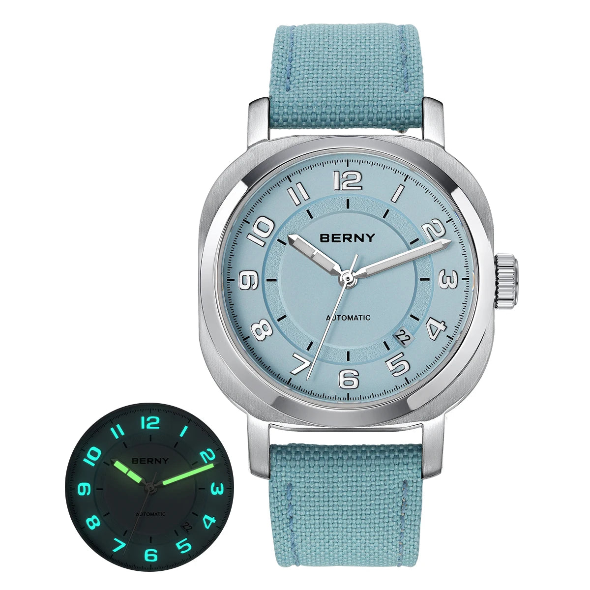 Head Turning BERNY Automatic — Women's Pillow Cushion Watch, Automatic Movement, Sapphire, Canvas Strap