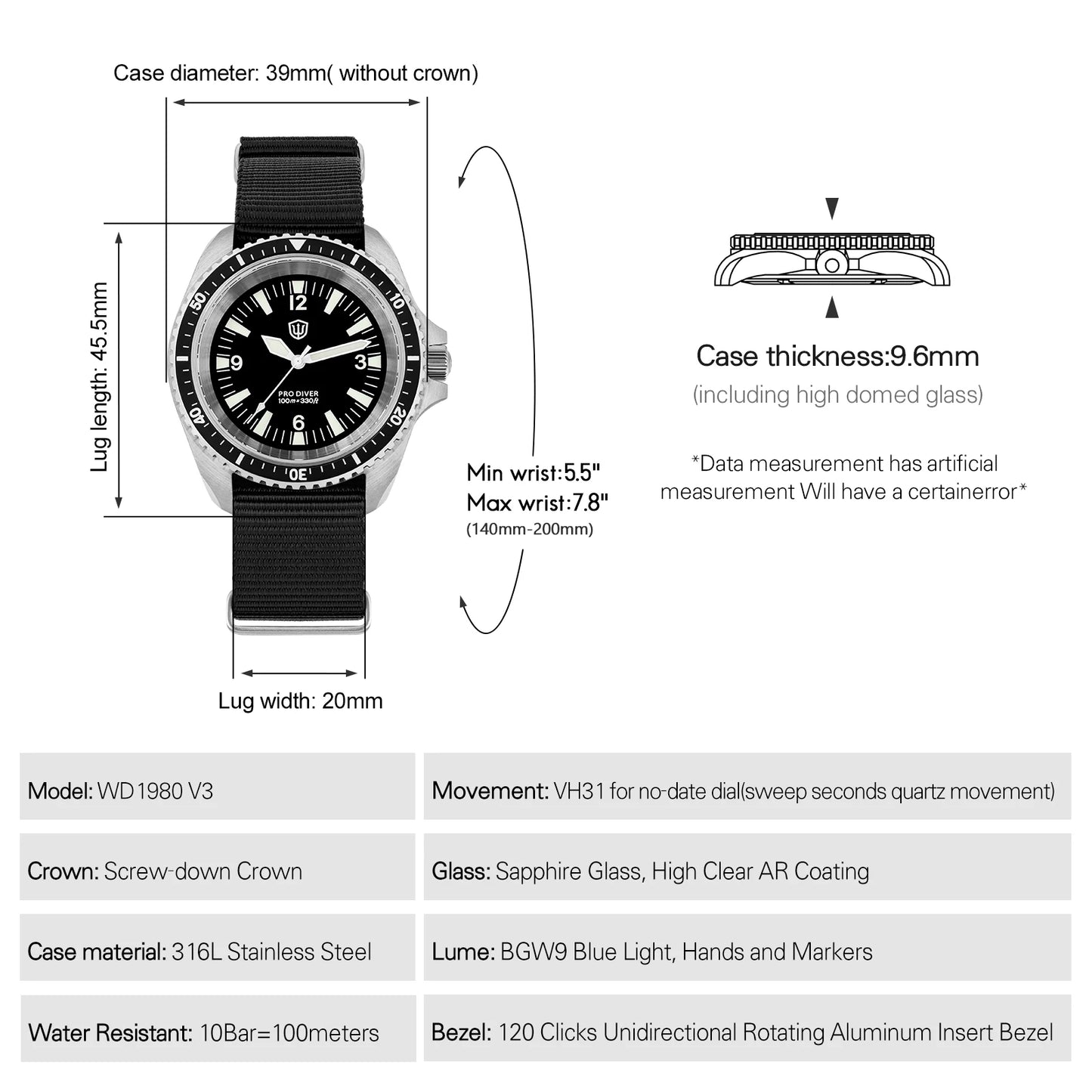 Watchdives WD1980 V3 — Sapphire Crystal, Sweep-Second Quartz, 100m Water Resistant Modern with a Vintage Twist!