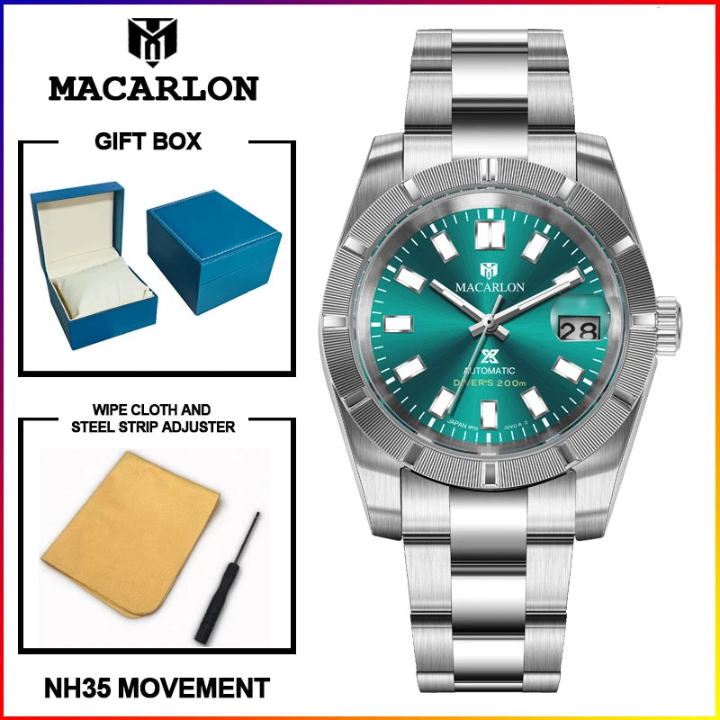 MACARLON 38mm Automatic Watch, Sapphire Crystal, Steel Bracelet, 200m Water Resistant