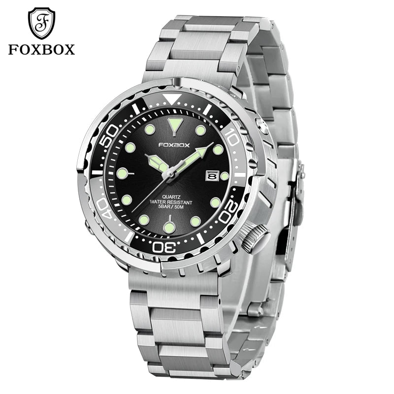 FOXBOX Shrouded Dive Watch — 50m Water Resistant, Auto Date, Luminous [Silicone & Metal Strap / Colour Options]