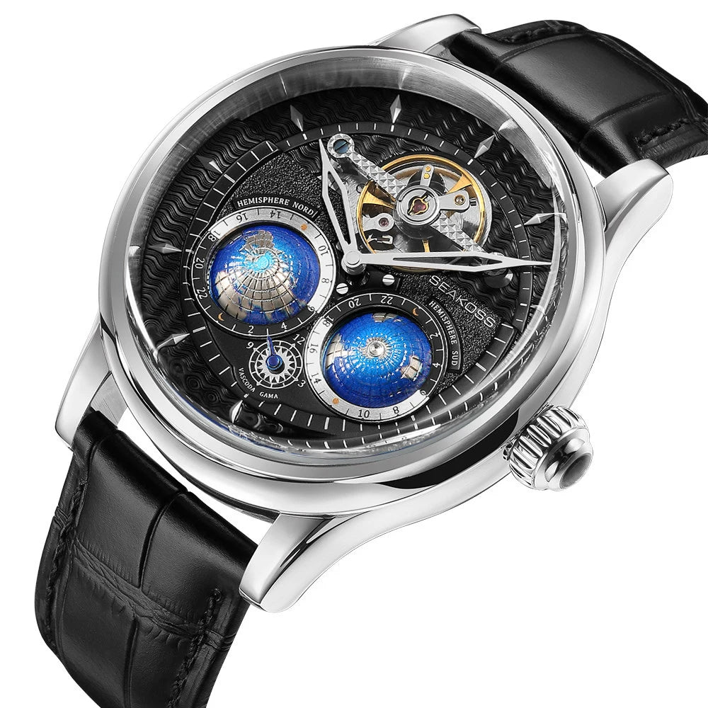 SEAKOSS Pilot Watch — Double Earth Rotating Automatic, Effortlessly Eye-Catching with Leather Strap [Colour Options]