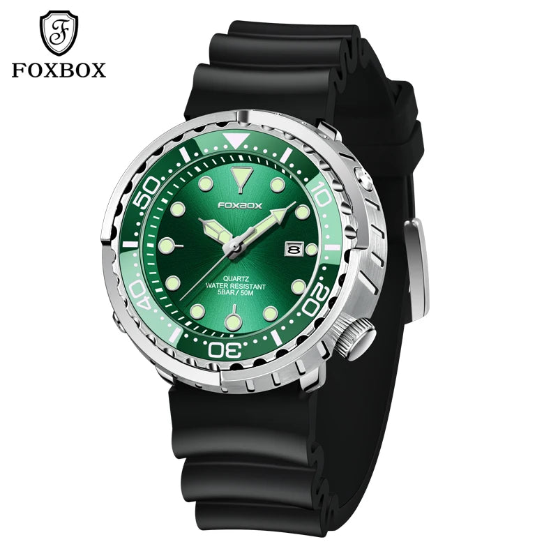 FOXBOX Shrouded Dive Watch — 50m Water Resistant, Auto Date, Luminous [Silicone & Metal Strap / Colour Options]