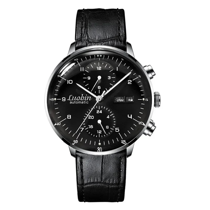 Mens automatic mechanical watch, blue dial, week and date display, black leather strap