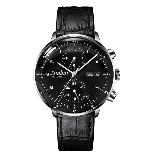 Mens automatic mechanical watch, blue dial, week and date display, black leather strap