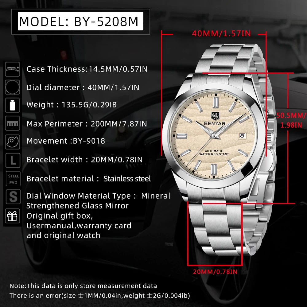 BENYAR Sand Dial BY-5208 — Automatic Watch, Day-Date Arc Window Display [Colour Options]