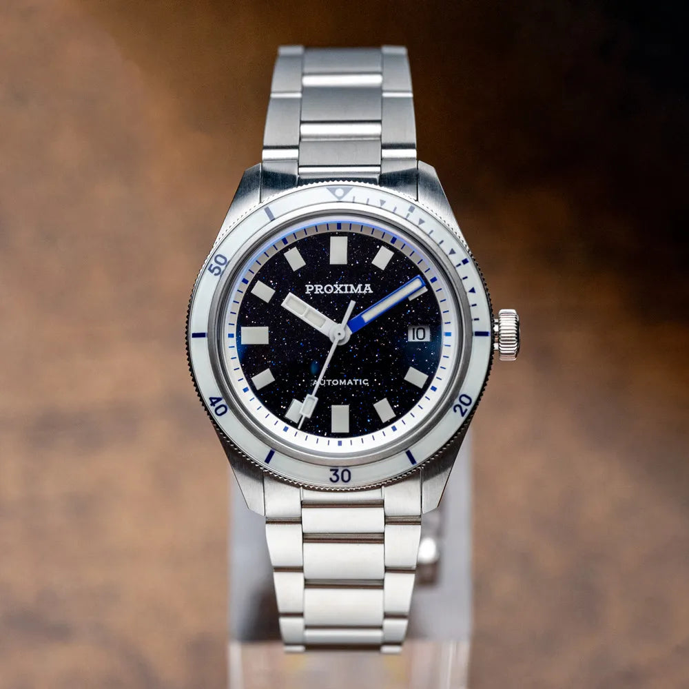Proxima Mens Automatic Watch — Aventurine Dial, Full-Lume Sapphire Bezel — Quiet Luxury