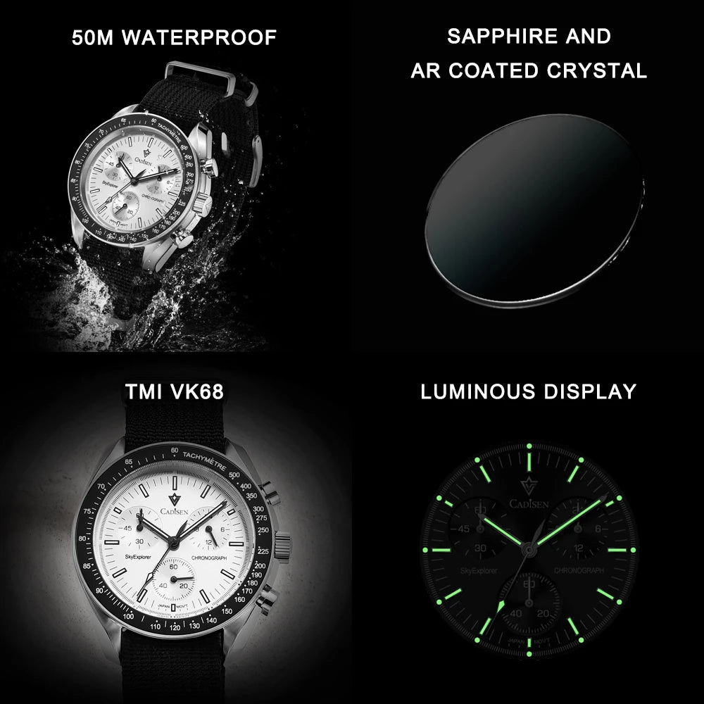 CADISEN C7064 — Genuine VK68 Chronograph, Sapphire Crystal, Canvas Strap — Serious Specs, Honest Price [Colour Options]