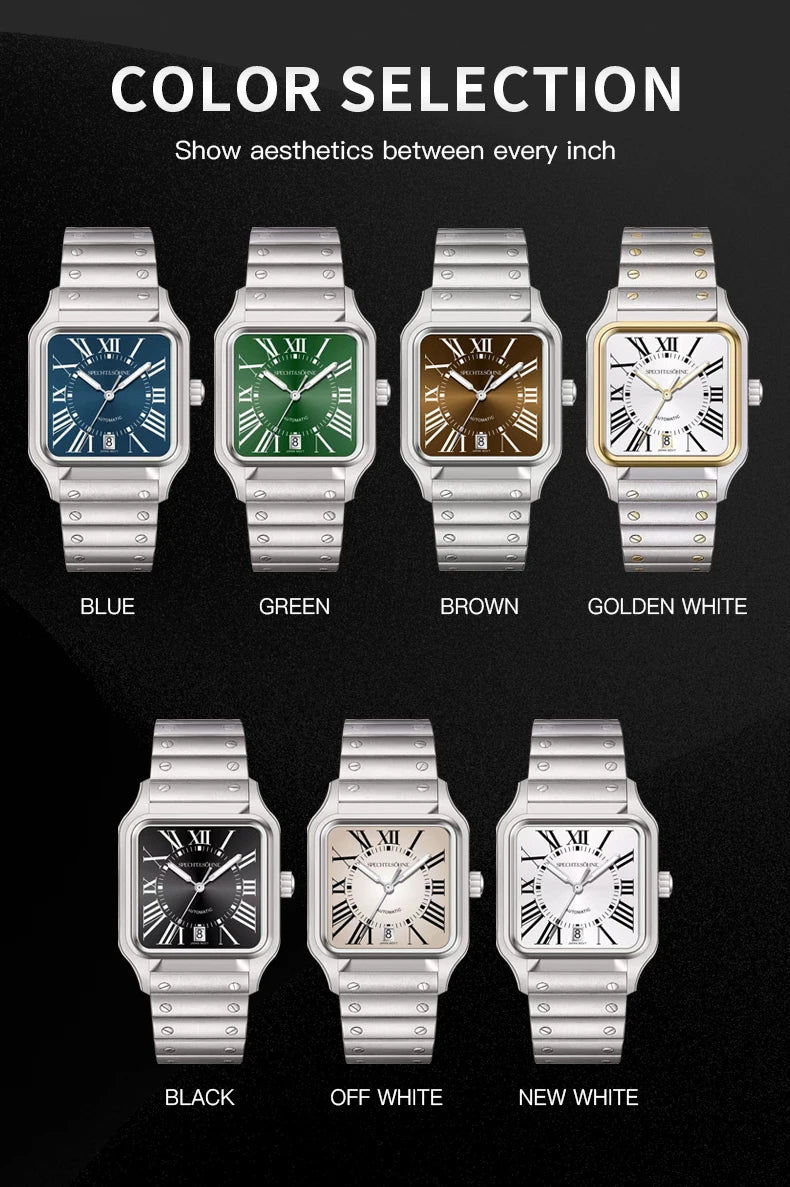 Elegance Redefined — SPECHT&SOHNE SP0011 Rectangular Automatic Fashion Watch, Sapphire Crystal, Stainless Steel [Colour Options]