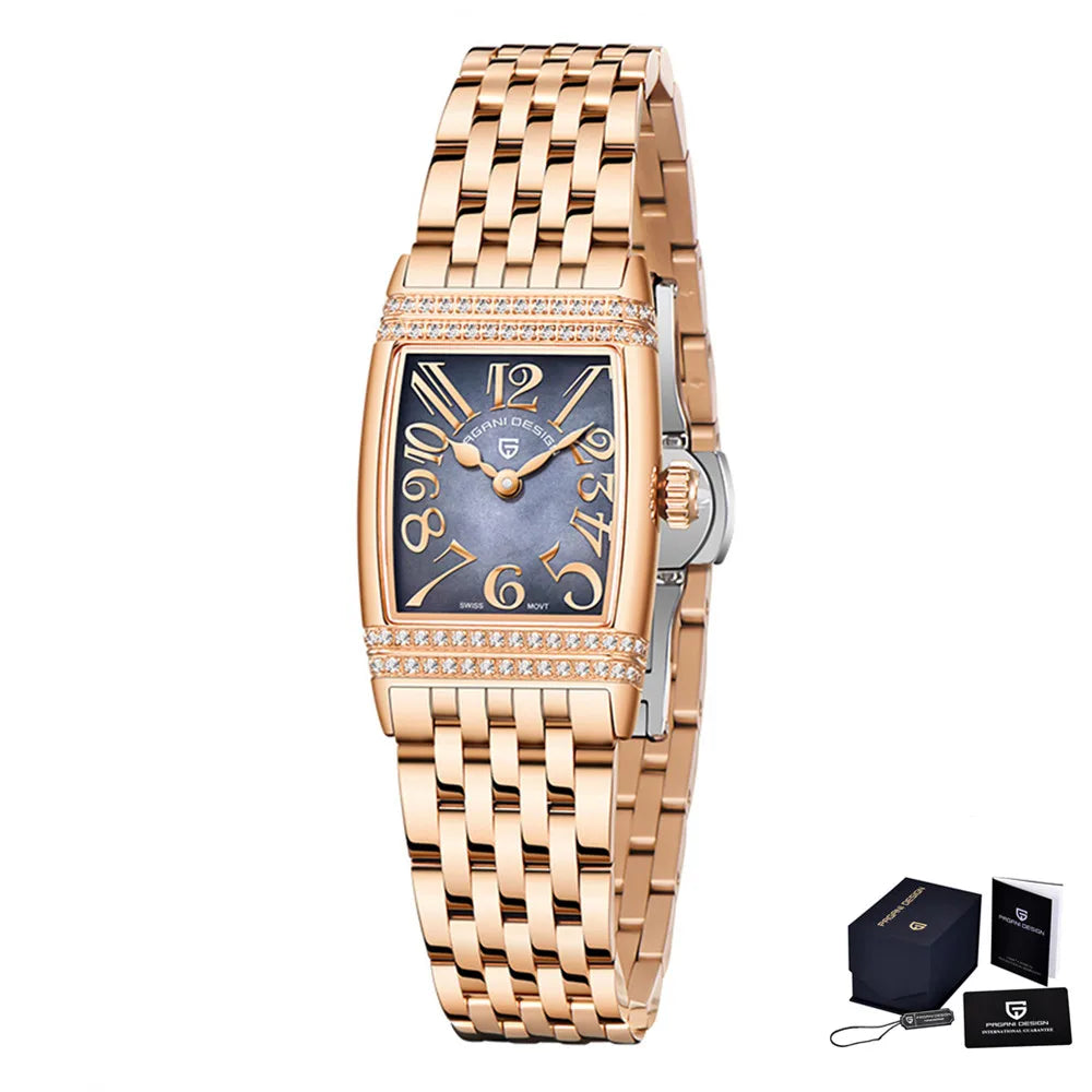 Stunning Pagani Design PD-1737L — Women's Rectangle Watch, Stone-Set Case, Swiss Ronda Movement [Rose Gold / Silver Colour Options]