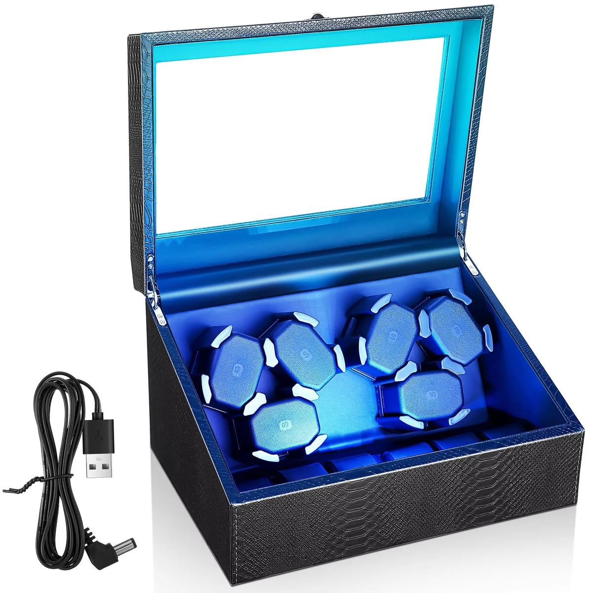 A Home Fit for a Collection — 6-Watch USB Winder, PU Leather Rotating Display USB Power