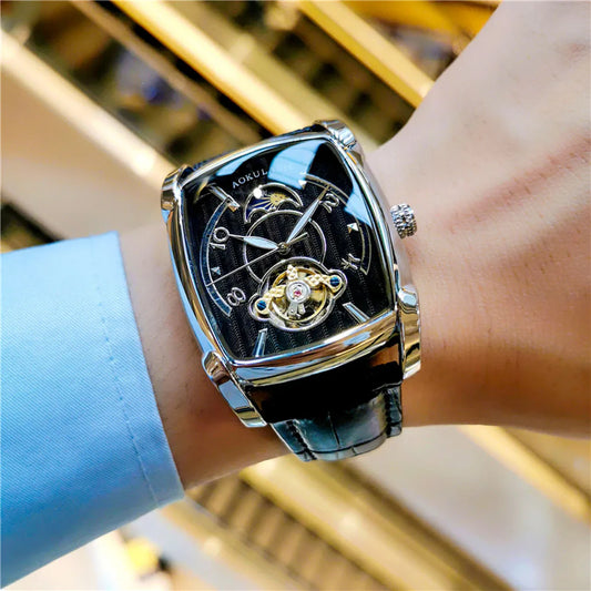 Mens Tonneau Automatic Fashion Watch – Rectangular Case, Open Heart Moonphase-Style Dial, Leather Strap – Break the Mould